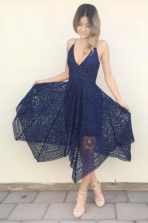 Cheap Navy V-neck Short Lace A-line Bridesmaid Dresses Online,MBD114