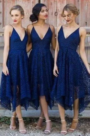 Cheap Navy V-neck Short Lace A-line Bridesmaid Dresses Online,MBD114