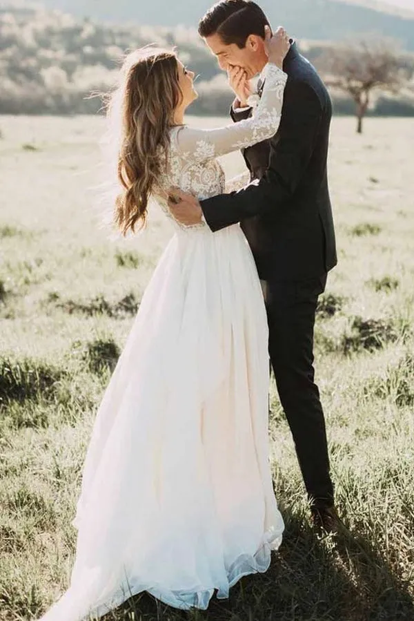 Chiffon A-Line Bateau Long Sleeves Wedding Dress with Appliques,MW320