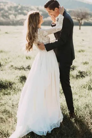 Chiffon A-Line Bateau Long Sleeves Wedding Dress with Appliques,MW320