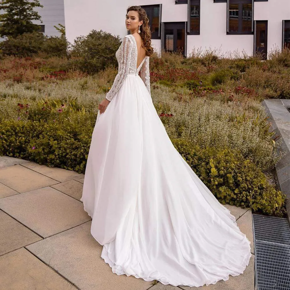 Chiffon A Line Bridal Dress Sexy V-neck Applique Lace Long Sleeve