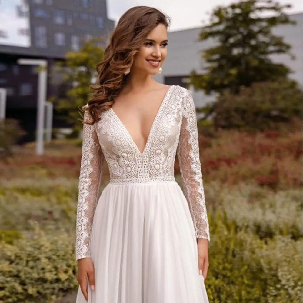 Chiffon A Line Bridal Dress Sexy V-neck Applique Lace Long Sleeve