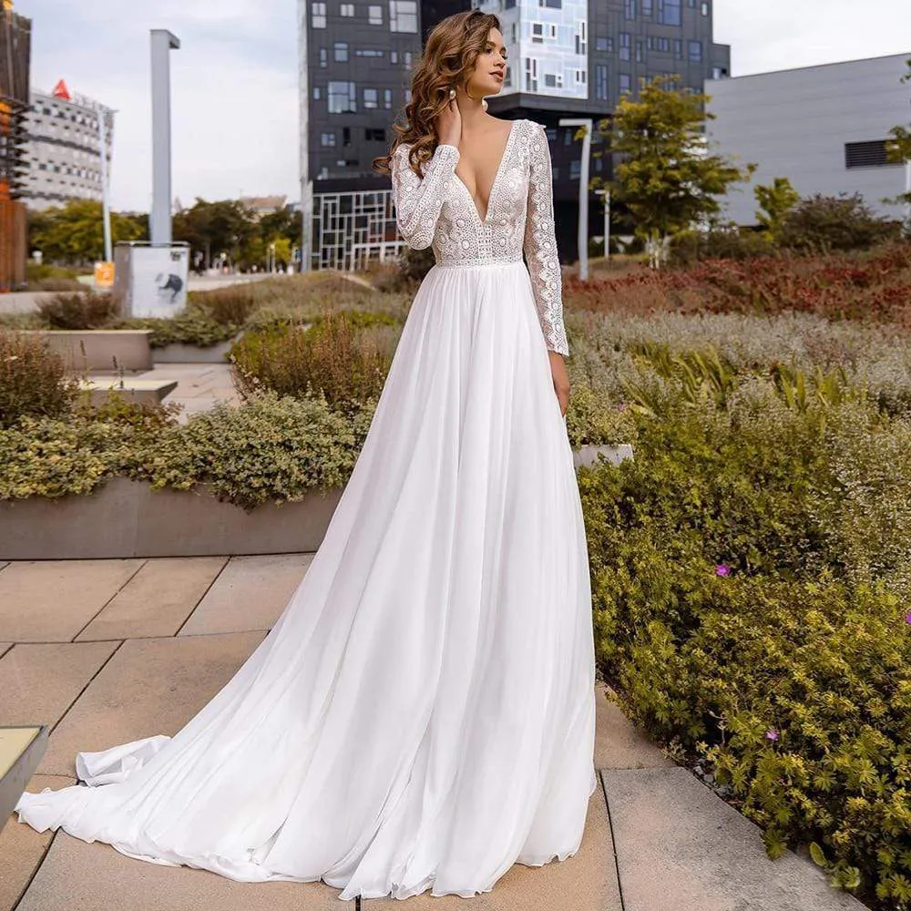 Chiffon A Line Bridal Dress Sexy V-neck Applique Lace Long Sleeve