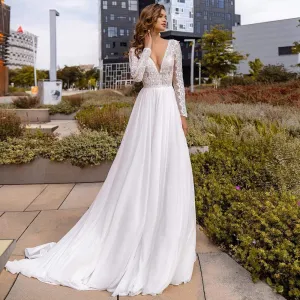 Chiffon A Line Bridal Dress Sexy V-neck Applique Lace Long Sleeve