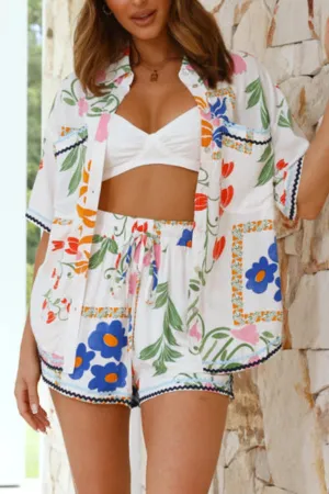 Colorful Flowers Print Two -piece Suit