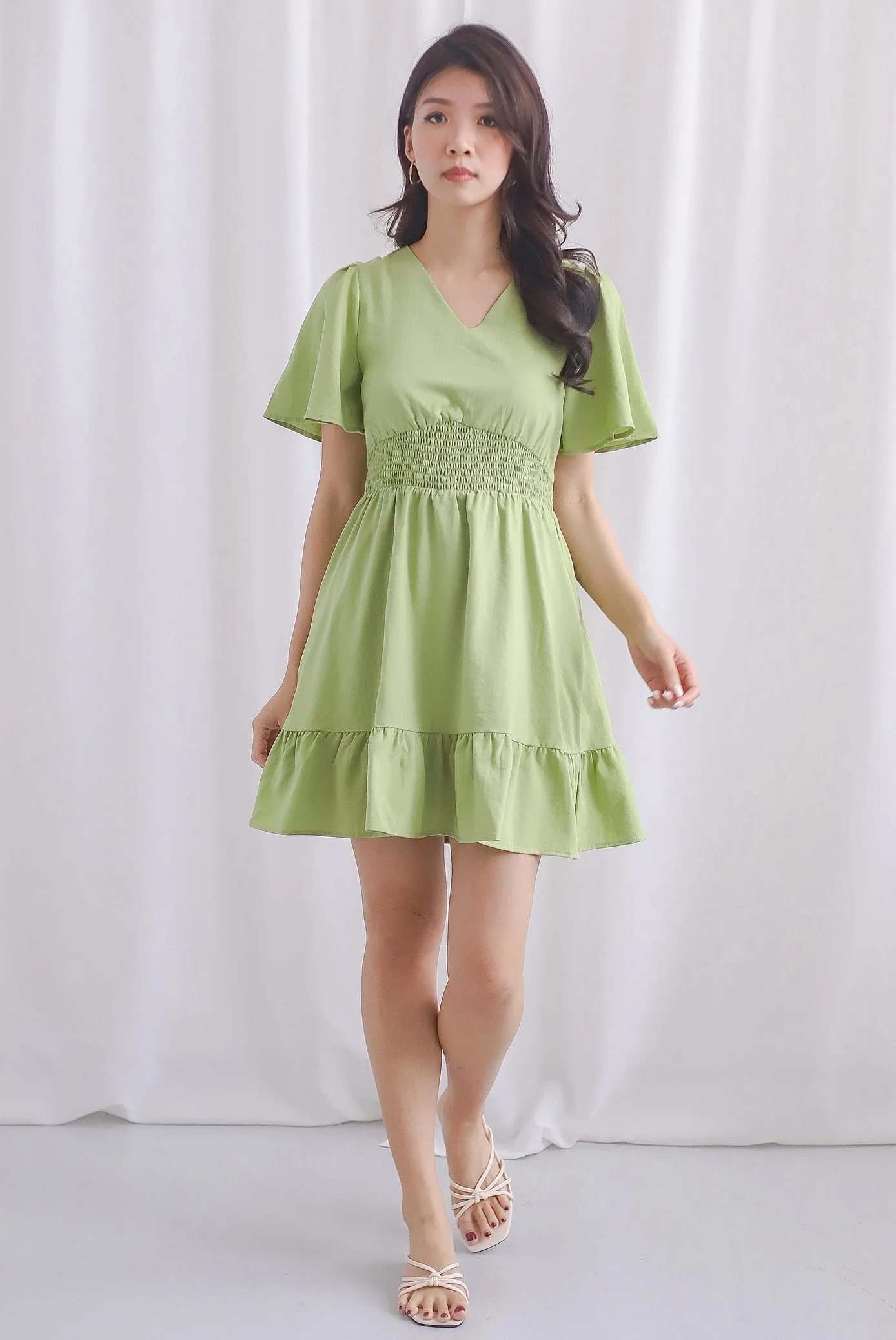 Conor Smocked Waist Sleeve Romper Dress In Moss Green