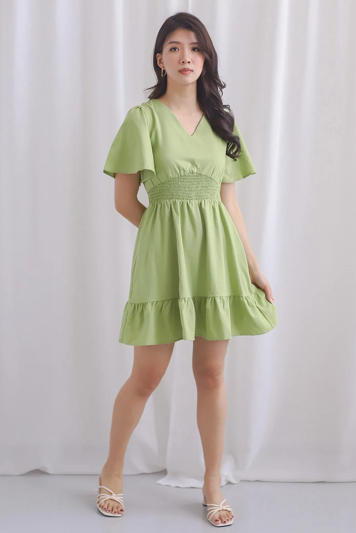 Conor Smocked Waist Sleeve Romper Dress In Moss Green