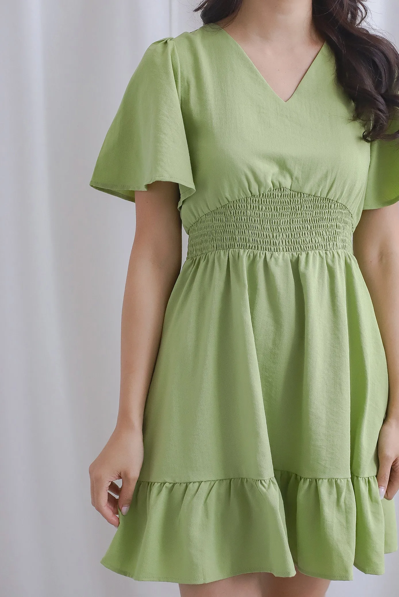 Conor Smocked Waist Sleeve Romper Dress In Moss Green