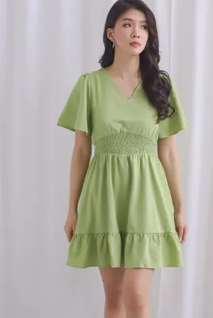 Conor Smocked Waist Sleeve Romper Dress In Moss Green