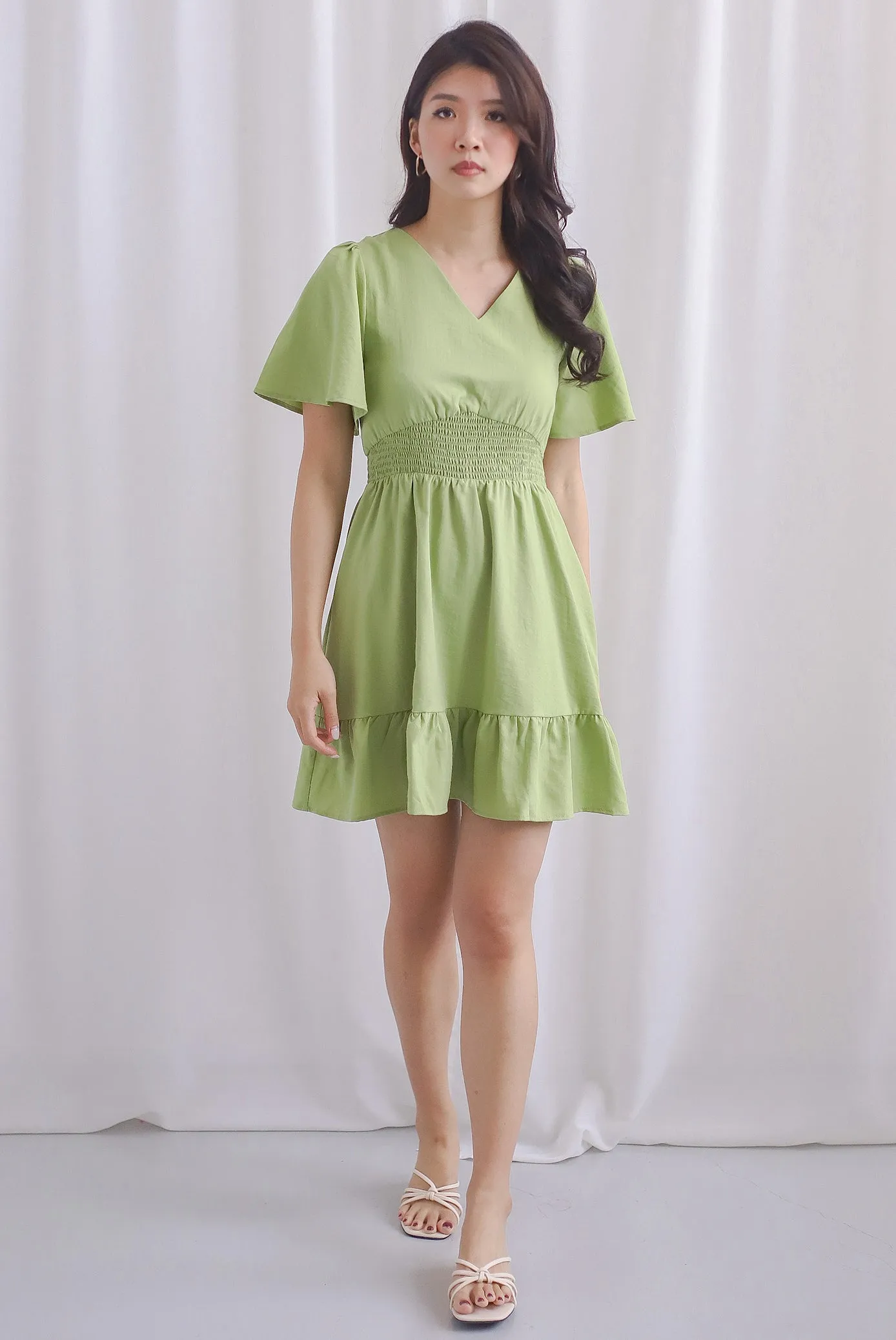 Conor Smocked Waist Sleeve Romper Dress In Moss Green