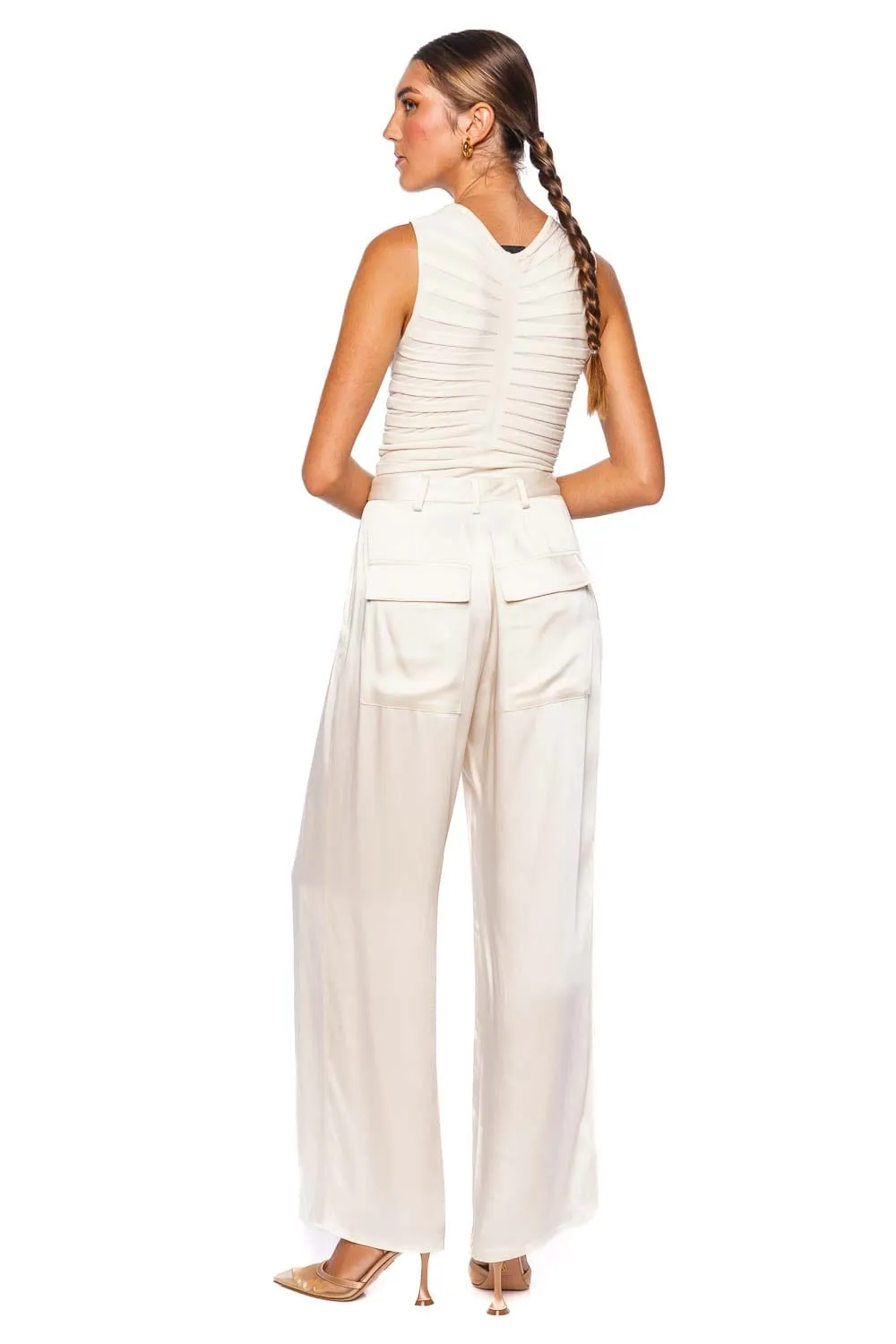 Cream Satin Relaxed Pleated Pant