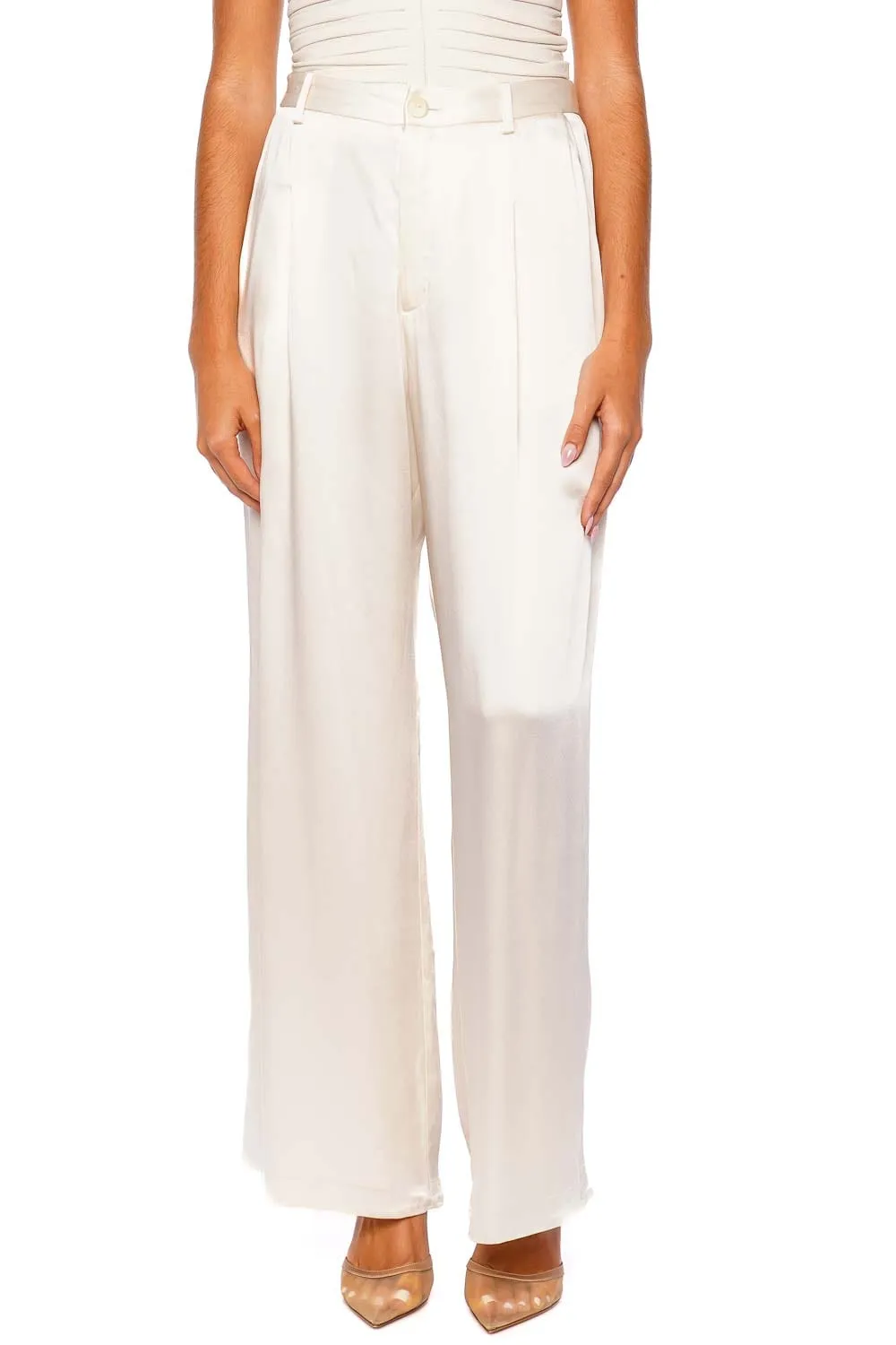 Cream Satin Relaxed Pleated Pant