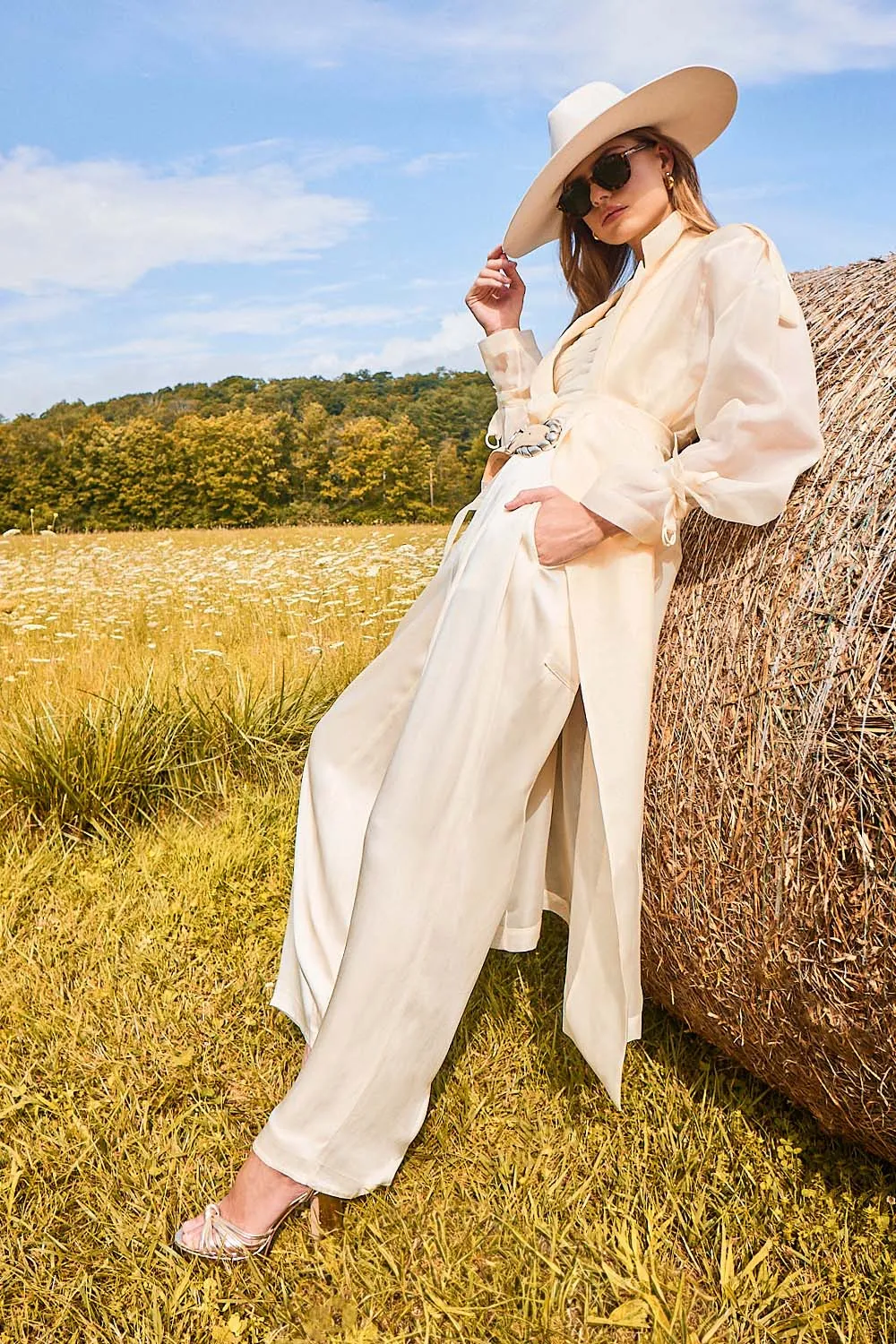 Cream Satin Relaxed Pleated Pant
