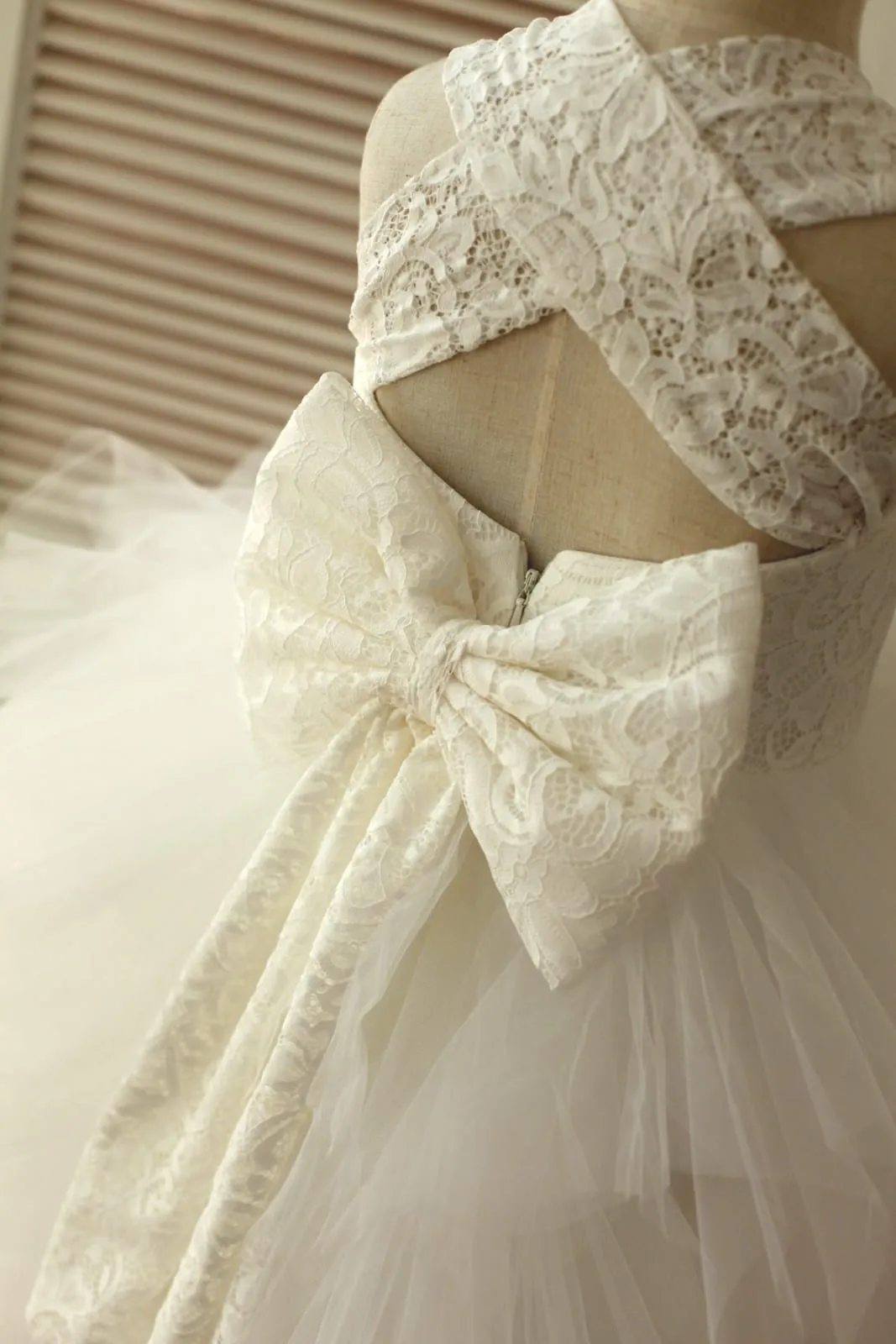 Cross Back Ivory Lace Ruffle Tulle Skirt Flower Girl Dress, big bow