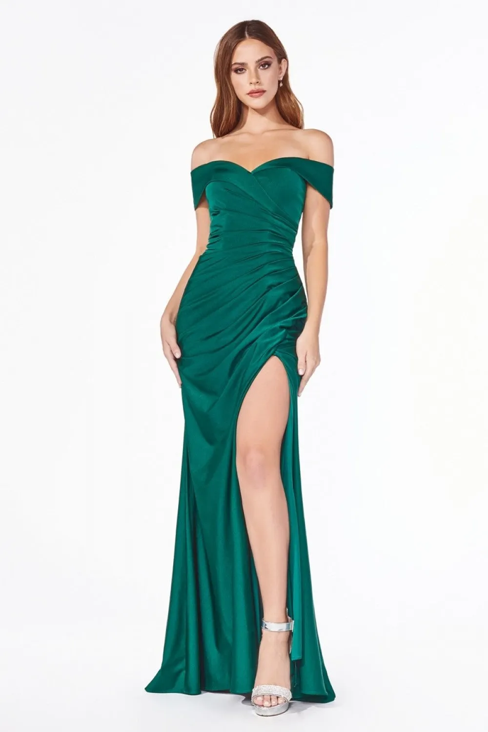 Dawn Bridesmaid Dress with Off the Shoulder Collar with Skirt Slit 7401050WR-Emerald
