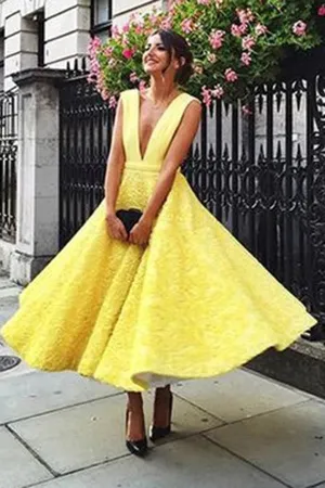 Deep V-neck Homecoming Dress Cute Yellow Tea Length Lace Prom Dress, MH456