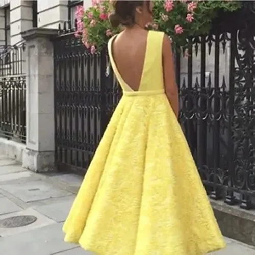Deep V-neck Homecoming Dress Cute Yellow Tea Length Lace Prom Dress, MH456