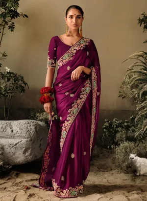 Deep Wine Multi Embroidery Wedding Silk Saree