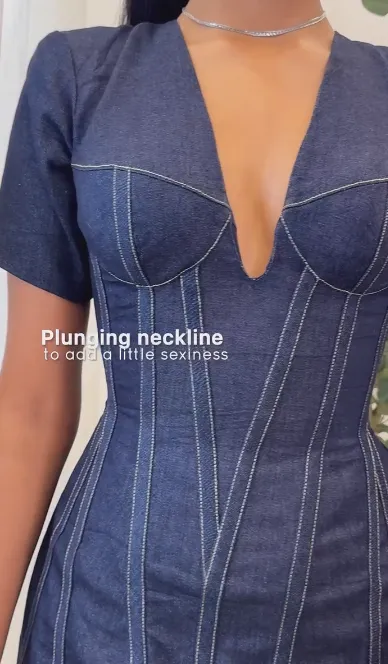 Denim high-stitched waist V-neck hip skirt suit
