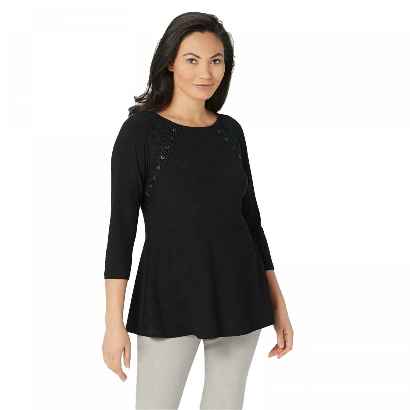 Dennis Basso Caviar Crepe 3/4-Sleeve Peplum Top