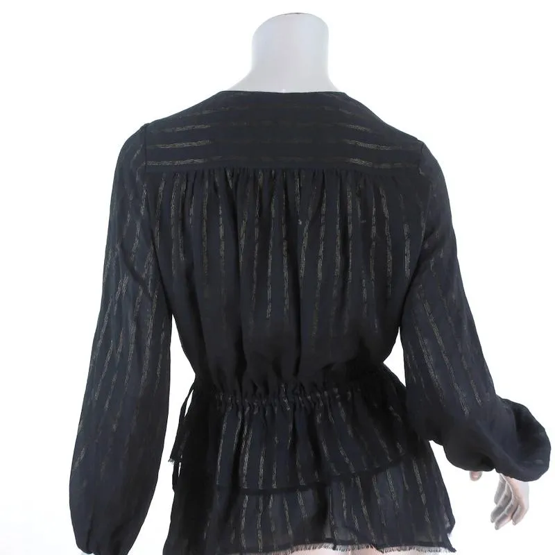 Derek Lam 10 Crosby Peplum Blouse Black/Gold Metallic Stripe Size 2 Long Sleeve