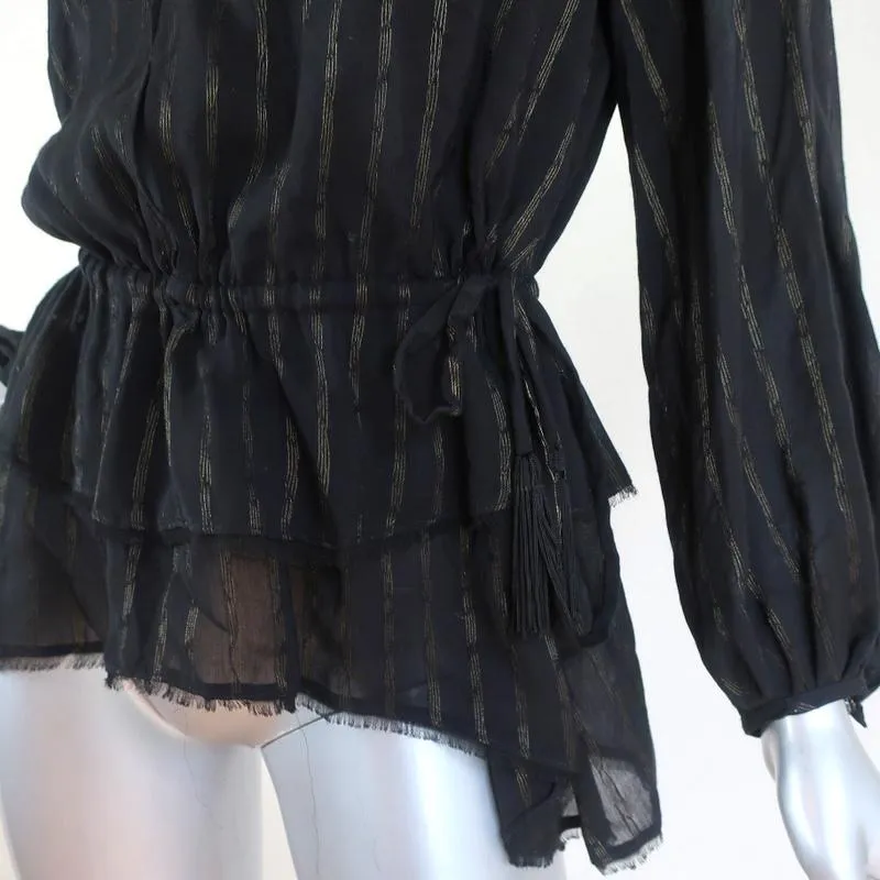 Derek Lam 10 Crosby Peplum Blouse Black/Gold Metallic Stripe Size 2 Long Sleeve