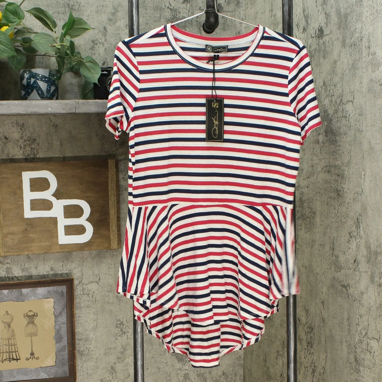 DG2 by Diane Gilman Women's Striped Hi Low Peplum Drama Top