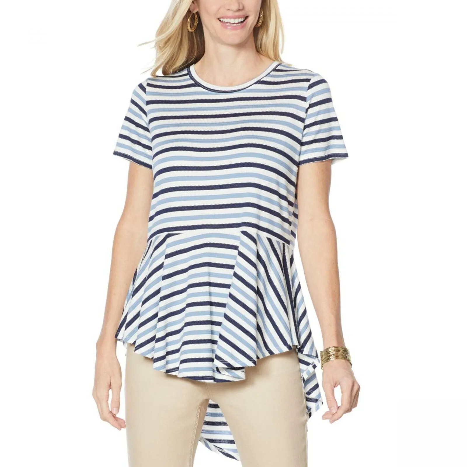 DG2 by Diane Gilman Women's Striped Hi Low Peplum Drama Top
