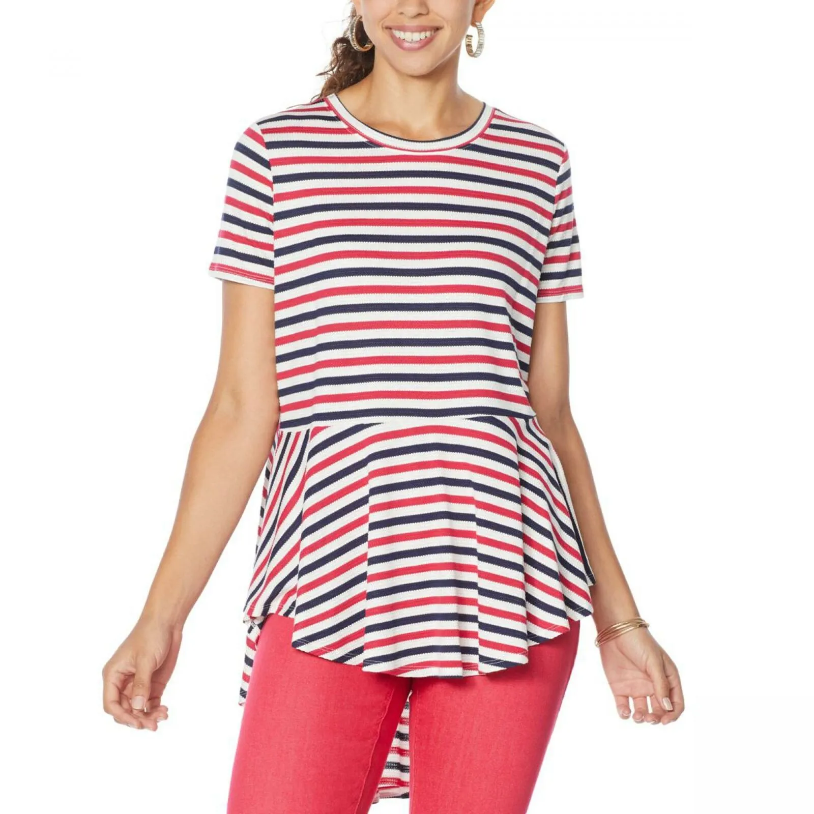 DG2 by Diane Gilman Women's Striped Hi Low Peplum Drama Top