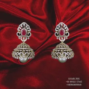 Diamond Jhumka,diamond chandbali,diamond earrings indian,detatchable diamond jhumka,swarovski diamond jhumka,chandbali earrings-SHABURIS
