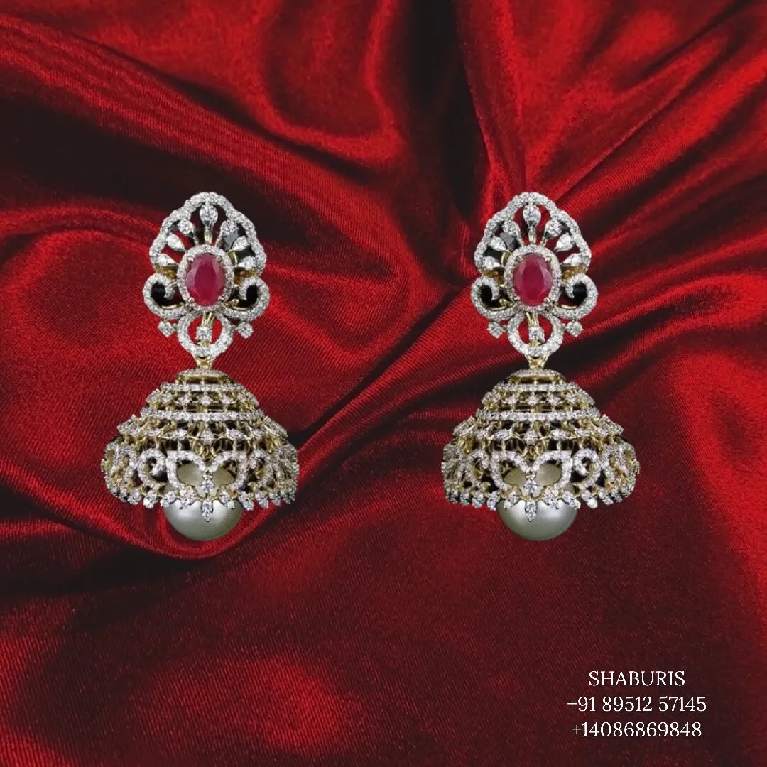 Diamond Jhumka,diamond chandbali,diamond earrings indian,detatchable diamond jhumka,swarovski diamond jhumka,chandbali earrings-SHABURIS