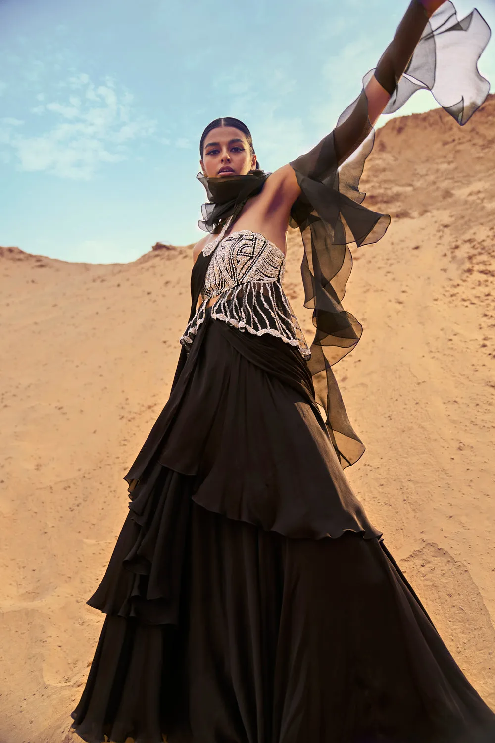 Draped Saree With Ruffled Palla And Corset Peplum Blouse