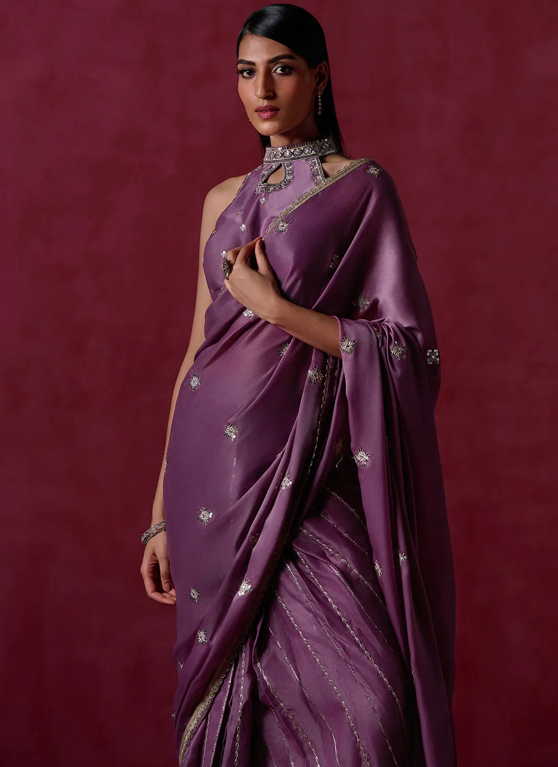 Dusty Purple Embroidered Silk Saree