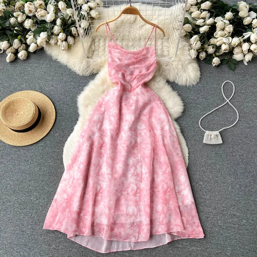 Elegant Blue / Pink Floral Midi Dress Backless with Spaghetti Straps – Lightweight Summer Outfit