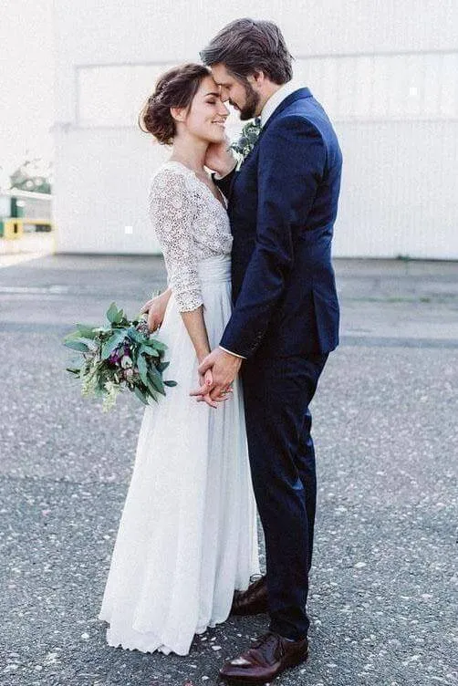 Elegant See Through 3/4 Sleeve Backless Lace and Chiffon Rustic Wedding Dress, MW262