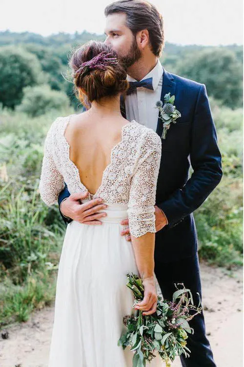 Elegant See Through 3/4 Sleeve Backless Lace and Chiffon Rustic Wedding Dress, MW262