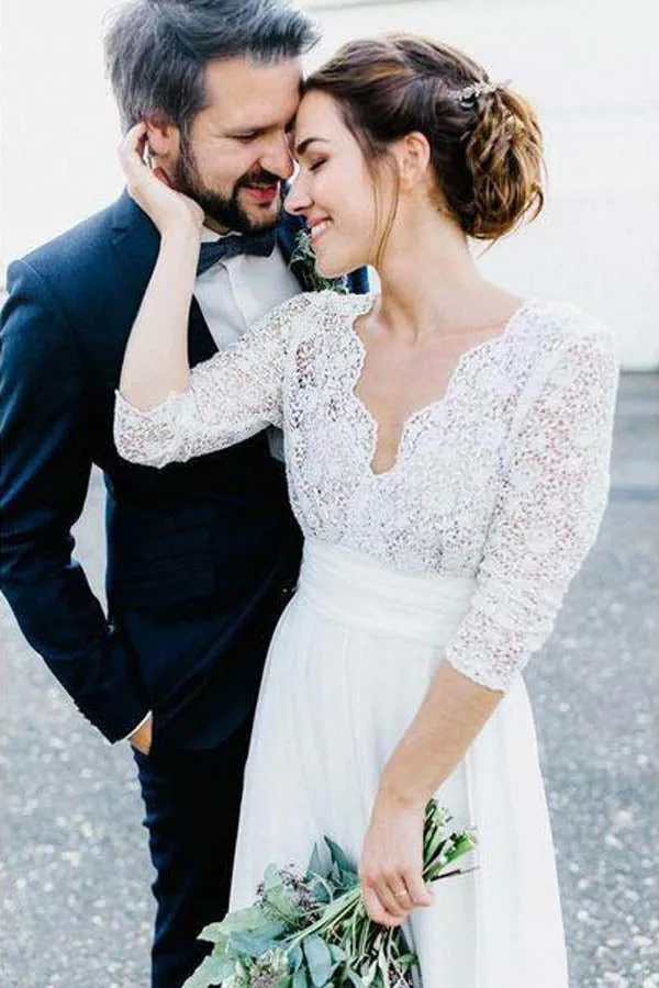 Elegant See Through 3/4 Sleeve Backless Lace and Chiffon Rustic Wedding Dress, MW262