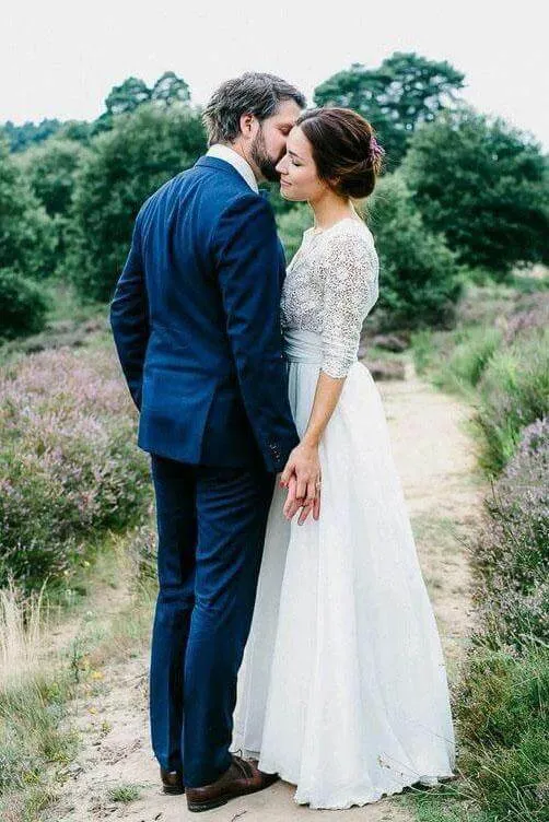 Elegant See Through 3/4 Sleeve Backless Lace and Chiffon Rustic Wedding Dress, MW262