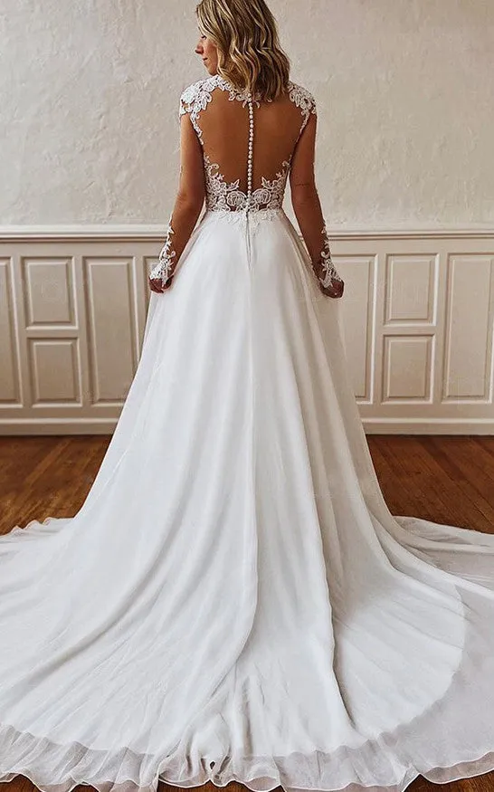 Elegant V-neck A Line Floor-length Court Train Long Sleeve Wedding Dress With Appliques-716031