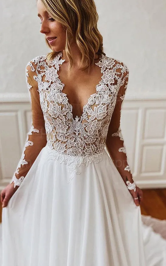 Elegant V-neck A Line Floor-length Court Train Long Sleeve Wedding Dress With Appliques-716031