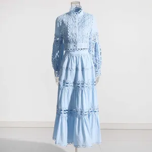 Embroidered Skirt Suit Bishop Sleeve Solid Color Holiday Skirt Suit Long