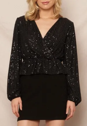 En Creme Black Sequin Peplum Top