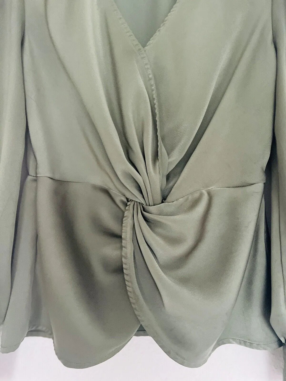 ENTRO Olive Satin Blouse Sz S Balloon Sleeves Flowy Workwear Office