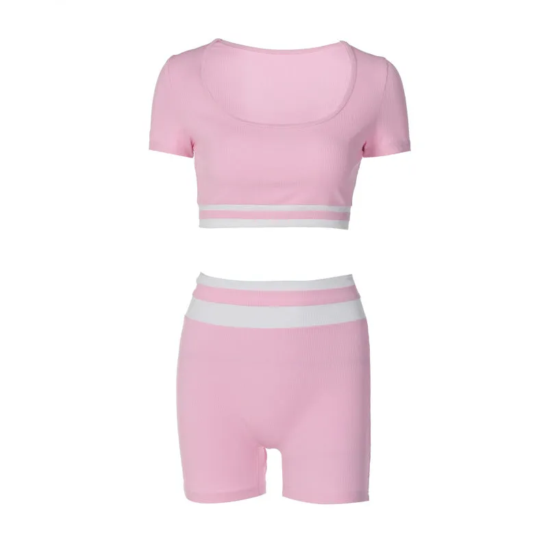 European And American-Style2023Summer Women's Clothing New Contrast Color Short SleeveUCollar Small Sunken Stripe Shorts Two-Piece Sports Yoga Suit