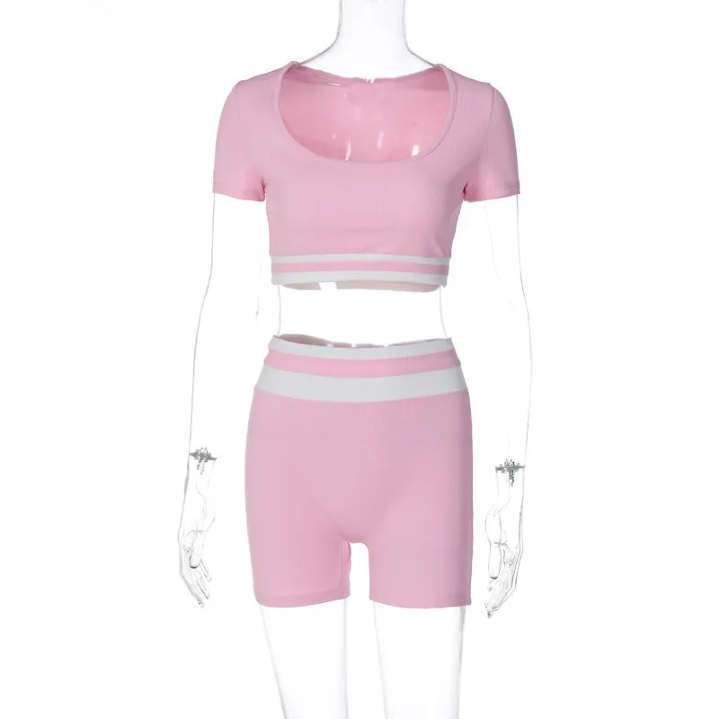 European And American-Style2023Summer Women's Clothing New Contrast Color Short SleeveUCollar Small Sunken Stripe Shorts Two-Piece Sports Yoga Suit