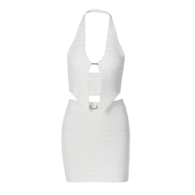 European And American-Style2023Summer Women's Clothing New Knitted Halter Chest Wrap Hip Skirt Two-Piece Set Fashion Suit Wholesale