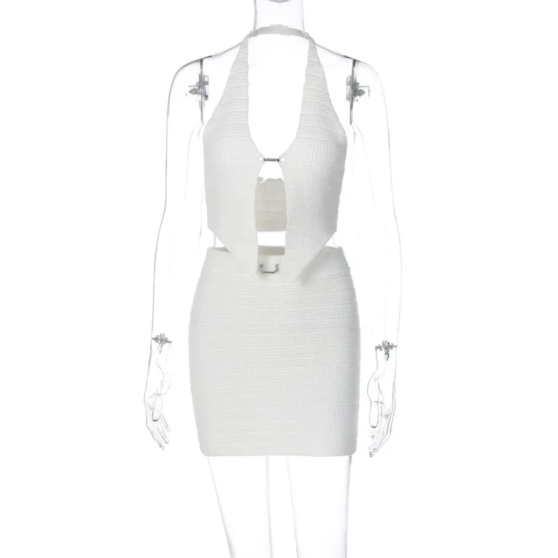 European And American-Style2023Summer Women's Clothing New Knitted Halter Chest Wrap Hip Skirt Two-Piece Set Fashion Suit Wholesale