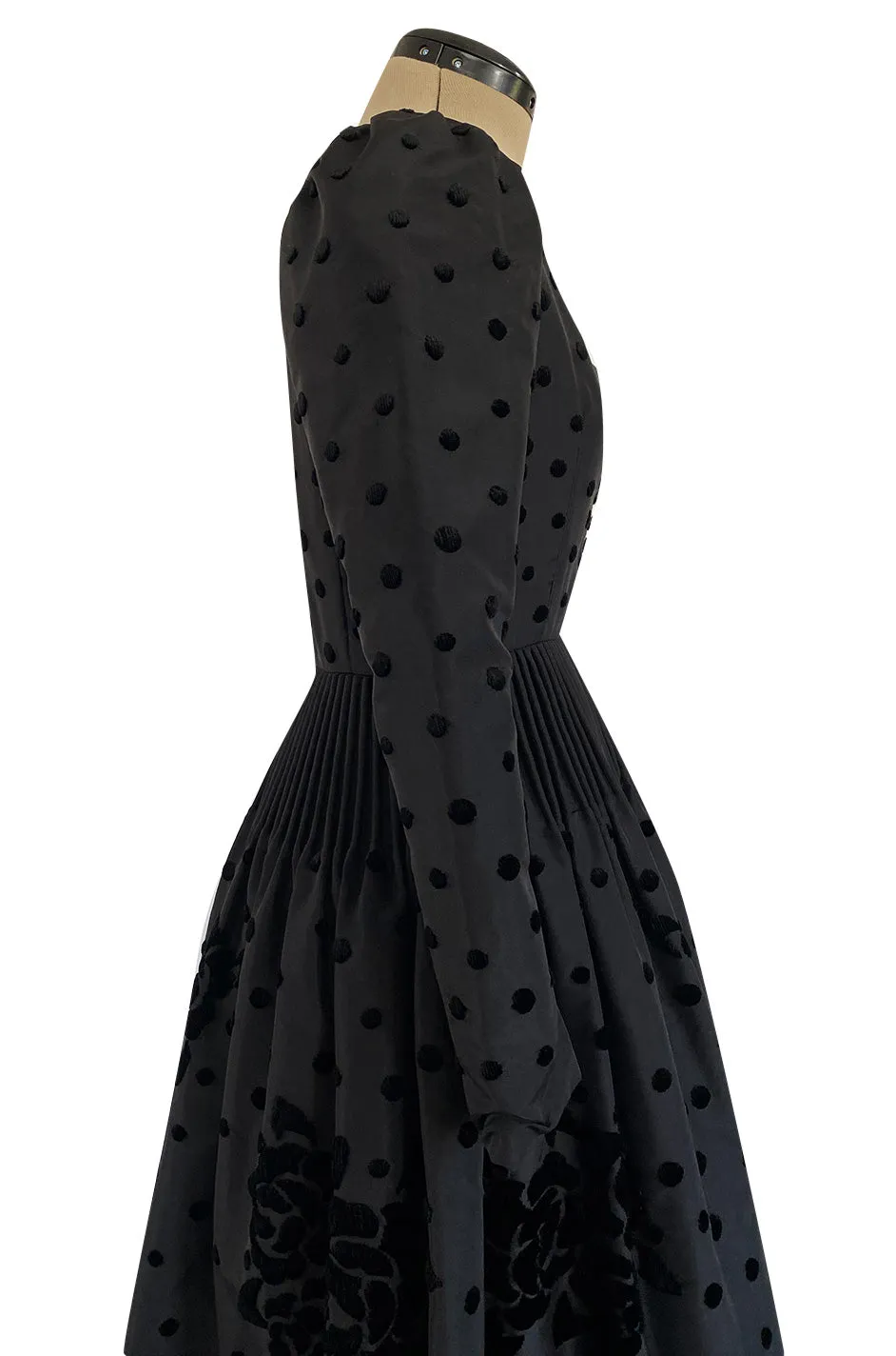 Fall 1974 Louis Mies Couture YSL Silk Taffeta Dress w Hand Embroidered Velvet Rose Detail