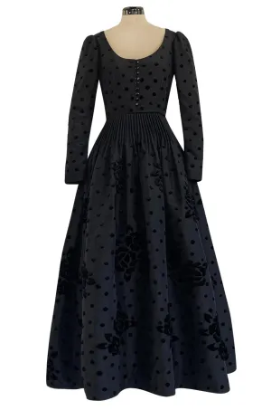 Fall 1974 Louis Mies Couture YSL Silk Taffeta Dress w Hand Embroidered Velvet Rose Detail