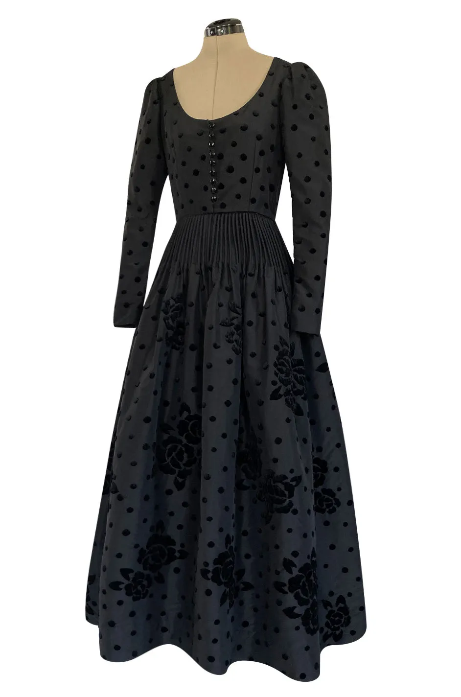 Fall 1974 Louis Mies Couture YSL Silk Taffeta Dress w Hand Embroidered Velvet Rose Detail